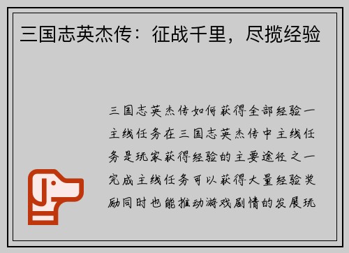 三国志英杰传：征战千里，尽揽经验